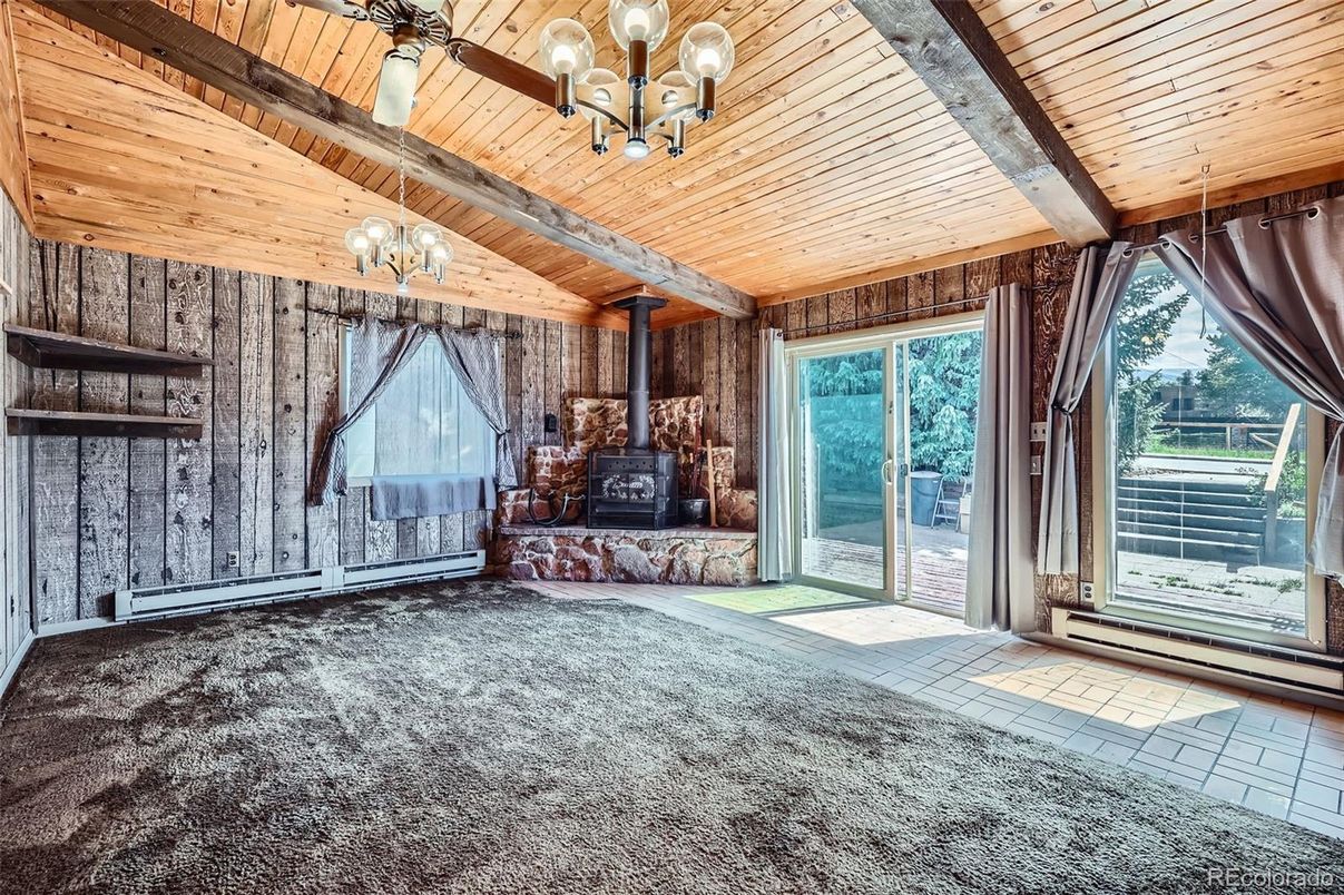 Chandelier, Empty room, Fireplace, Interior, Wooden Beams, Wooden Ceilings, Wooden Walls