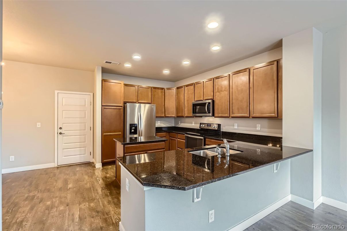 Interior, Kitchen, Recessed Lighting, Stainless Steel Appliances, Wood Texture Flooring