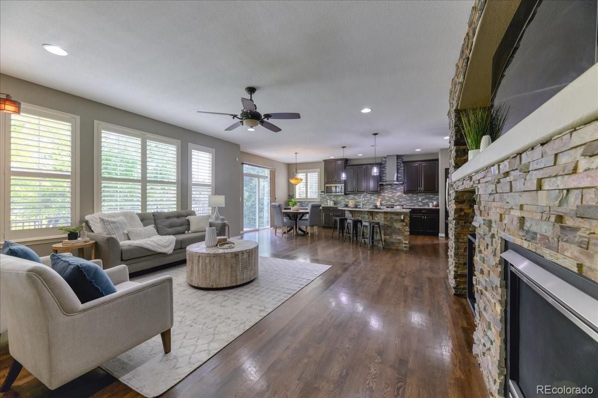 Dining room, Fireplace, Interior, Kitchen, Living room, Pendant Lights, Recessed Lighting, Stone Walls, Wood Texture Flooring