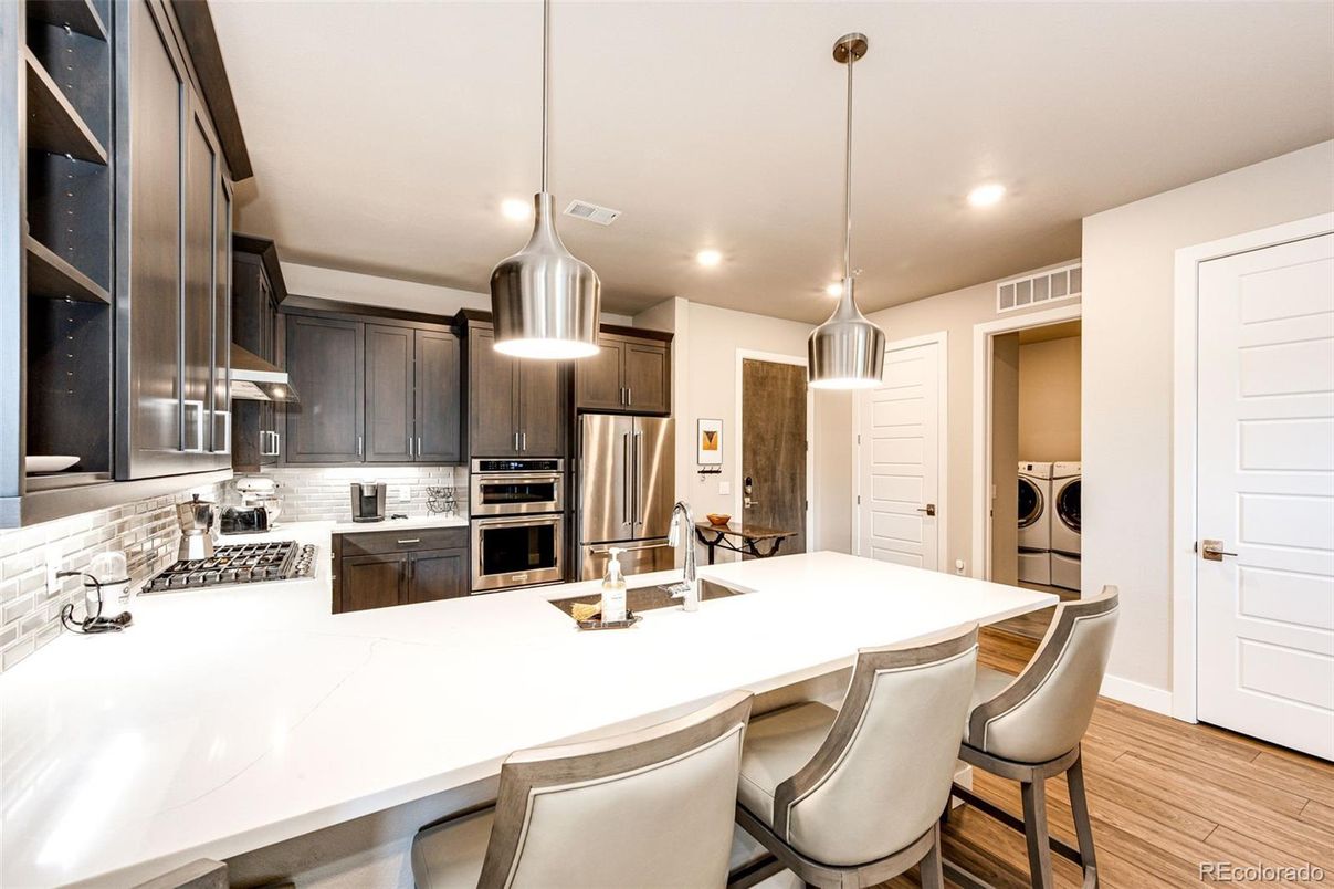 Interior, Kitchen, Pendant Lights, Recessed Lighting, Stainless Steel Appliances, Wood Texture Flooring