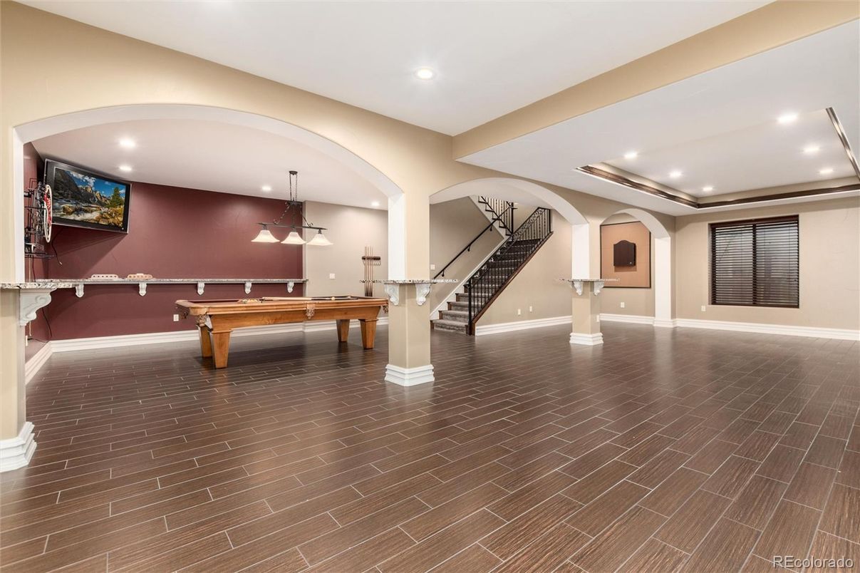 Billiard Table, Game Room, Interior, Pendant Lights, Recessed Lighting, Wood Texture Flooring