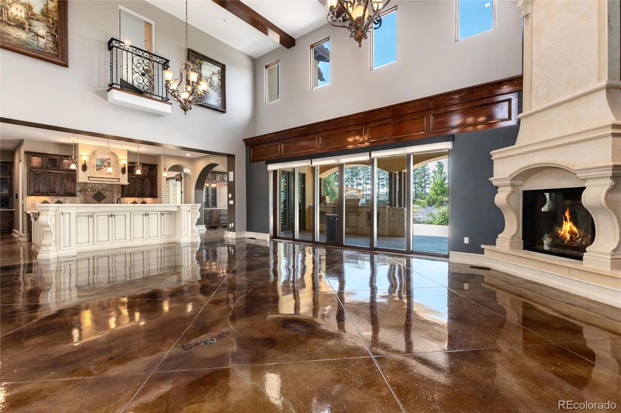 Chandelier, Fireplace, Interior, Pendant Lights, Wooden Beams