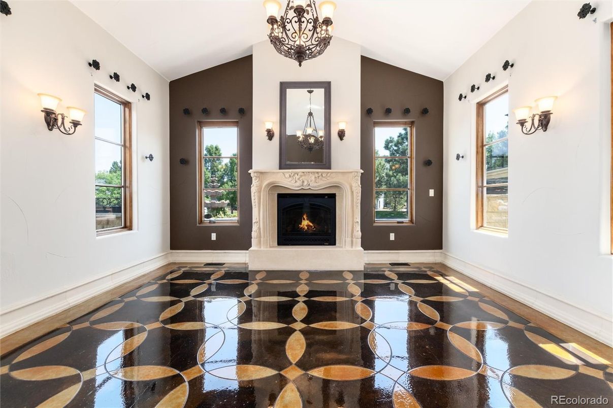 Chandelier, Empty room, Fireplace, Interior