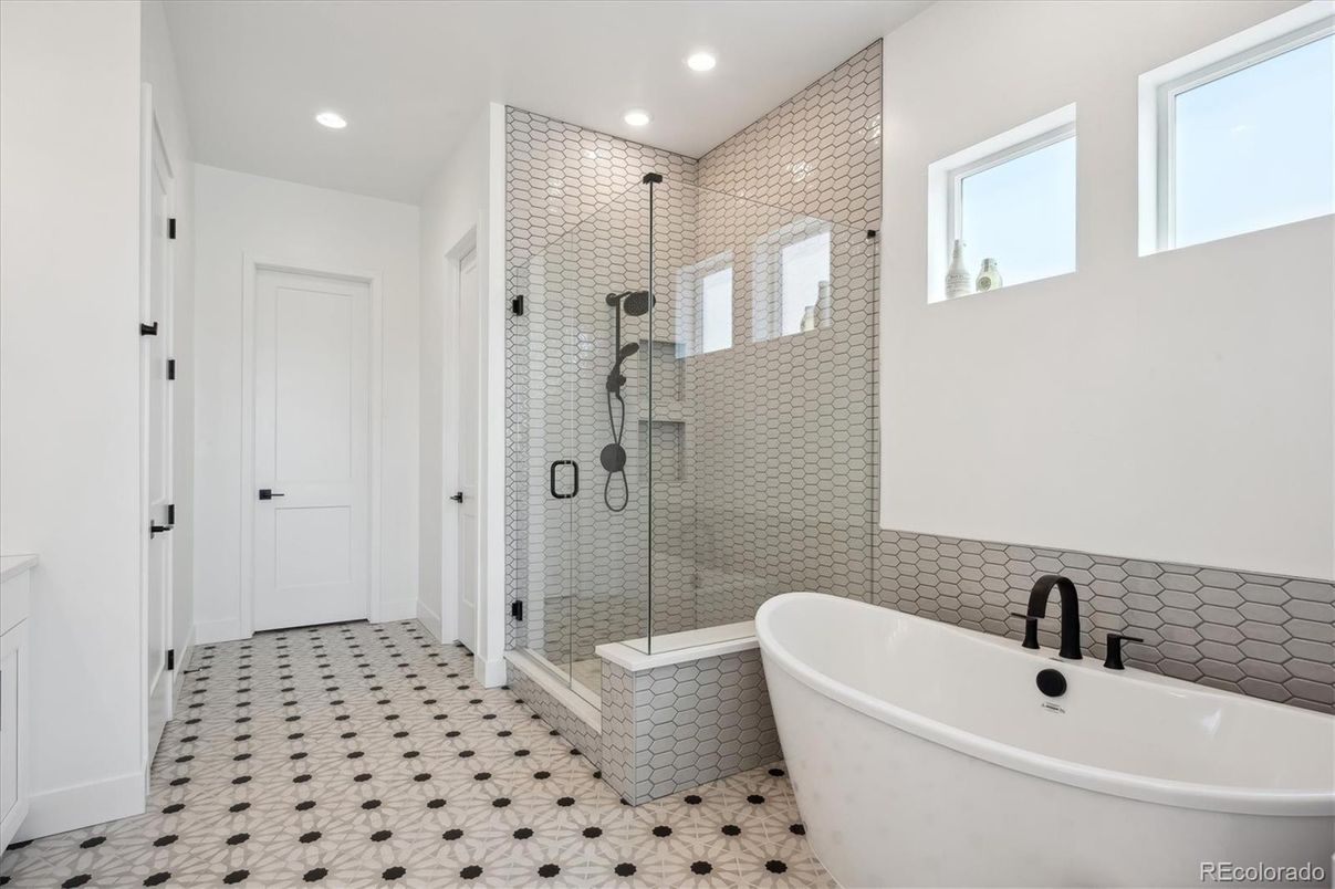 Bathroom, Free Standing Baths, Glass Shower, Interior, Recessed Lighting