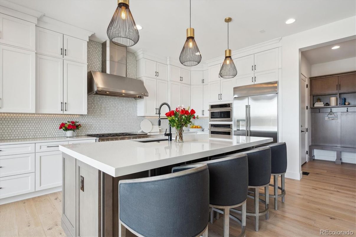 Interior, Kitchen, Pendant Lights, Recessed Lighting, Stainless Steel Appliances, Wood Texture Flooring