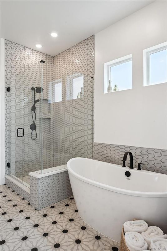 Bathroom, Free Standing Baths, Glass Shower, Interior, Recessed Lighting