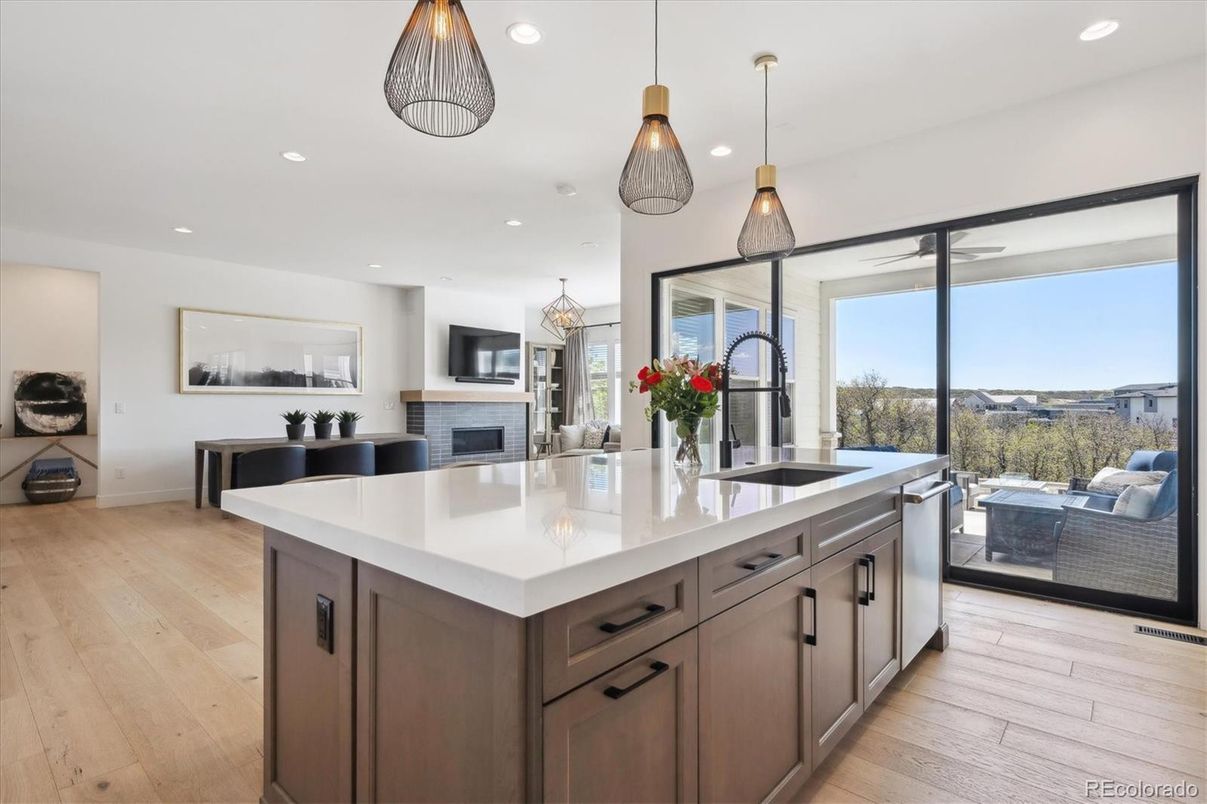 Fireplace, Interior, Kitchen, Pendant Lights, Recessed Lighting, Wood Texture Flooring