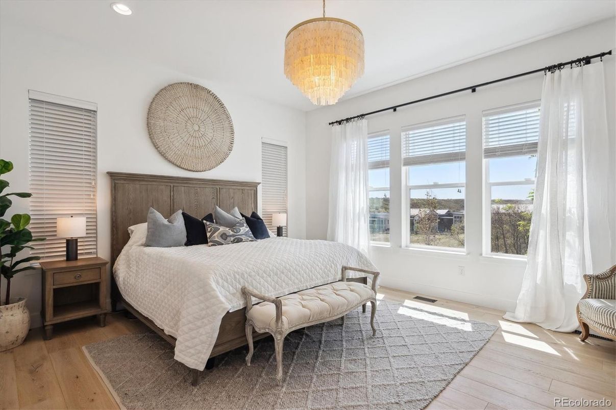 Bedroom, Chandelier, Interior, Recessed Lighting, Wood Texture Flooring