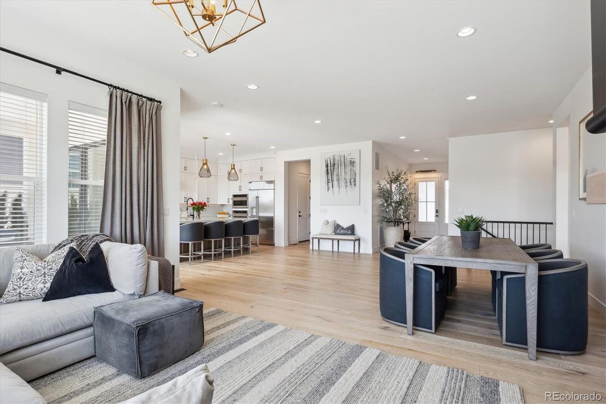 Dining room, Interior, Kitchen, Living room, Pendant Lights, Recessed Lighting, Stainless Steel Appliances, Wood Texture Flooring