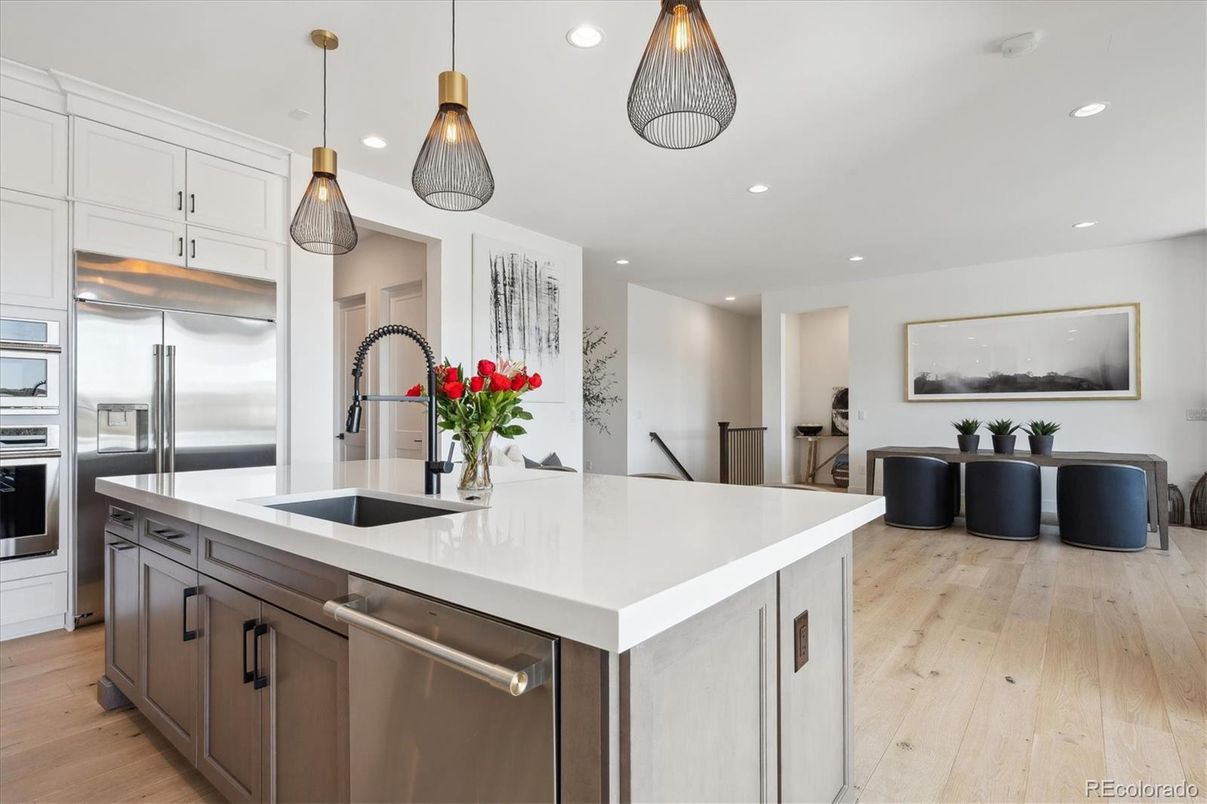 Interior, Kitchen, Pendant Lights, Recessed Lighting, Stainless Steel Appliances, Wood Texture Flooring