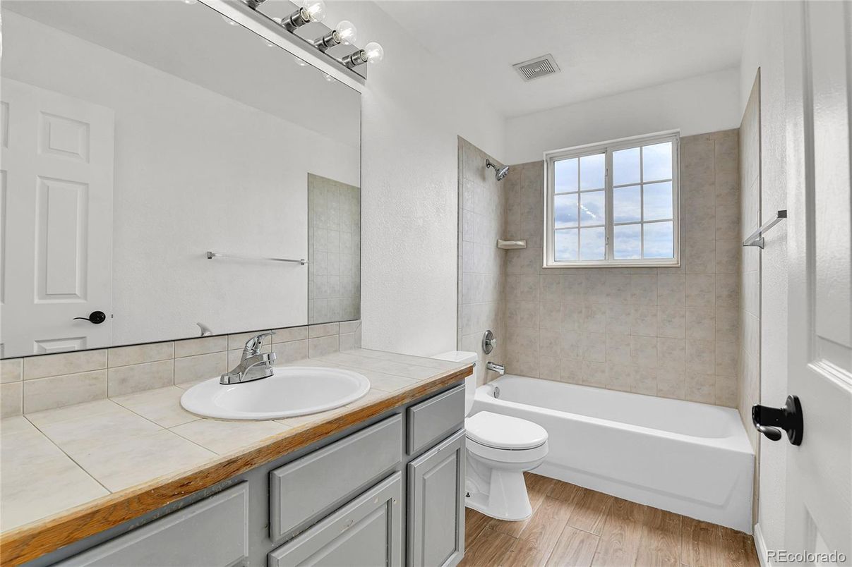 Bathroom, Interior, Tile Countertops, Wood Texture Flooring