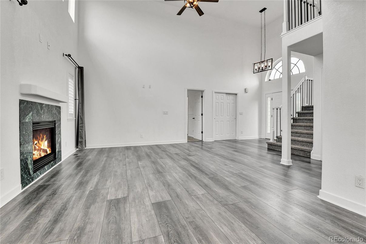 Fireplace, Interior, Pendant Lights, Wood Texture Flooring