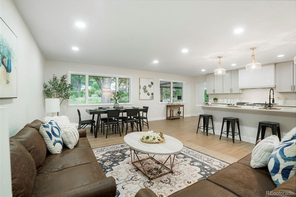 Dining room, Interior, Kitchen, Living room, Pendant Lights, Recessed Lighting, Wood Texture Flooring