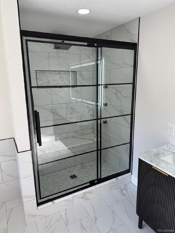 Bathroom, Glass Shower, Interior, Marble, Marble Walls, Recessed Lighting