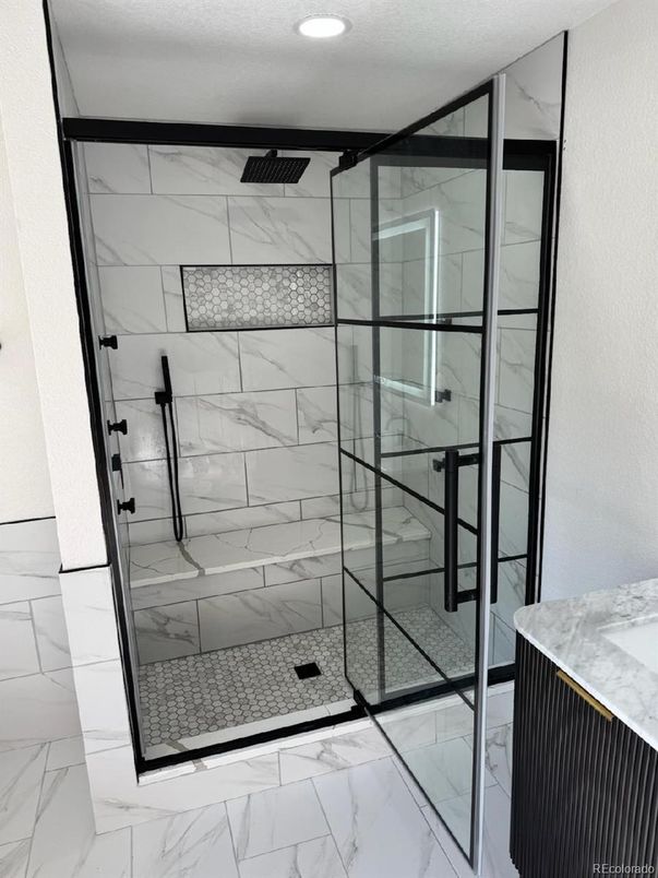 Bathroom, Glass Shower, Interior, Marble, Marble Walls, Recessed Lighting
