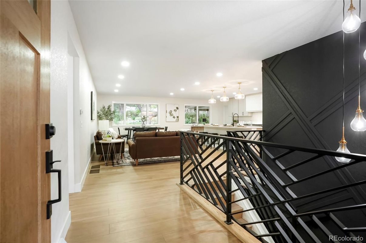 Interior, Kitchen, Living room, Pendant Lights, Recessed Lighting, Wood Texture Flooring