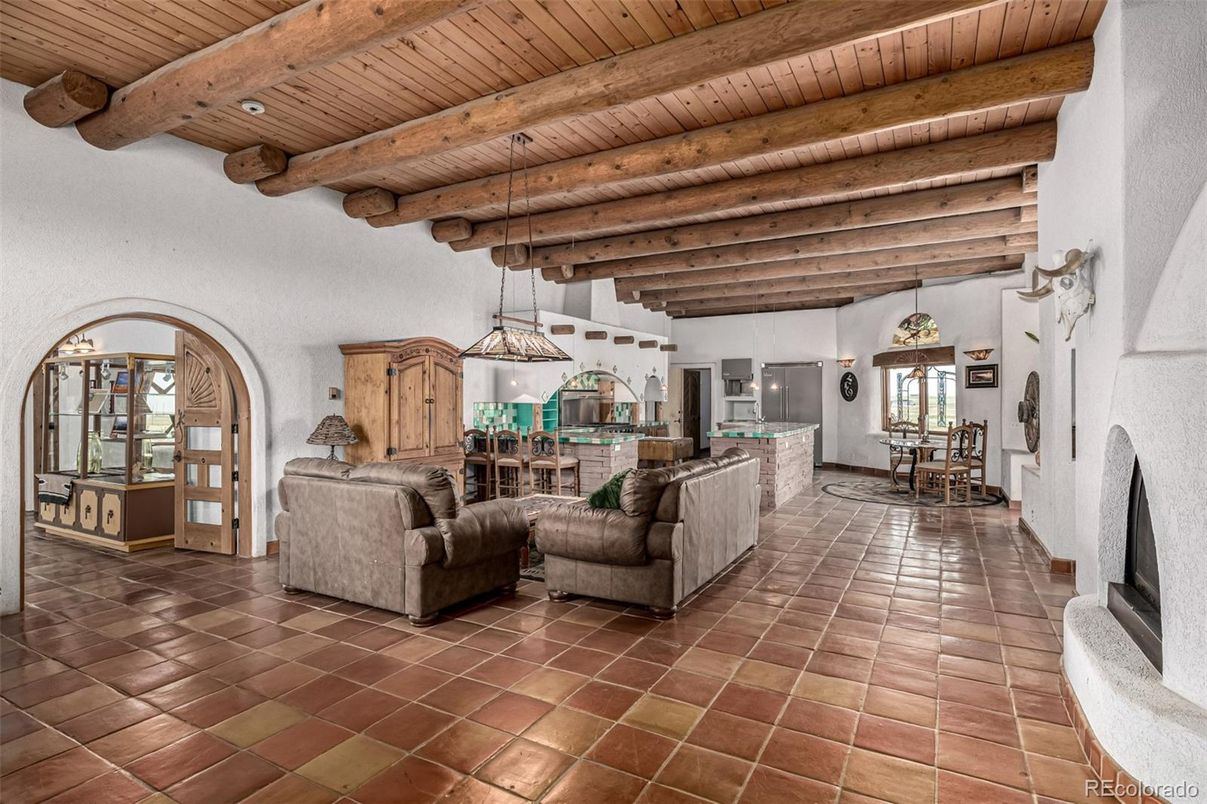 Dining room, Fireplace, Interior, Kitchen, Living room, Pendant Lights, Wooden Beams, Wooden Ceilings