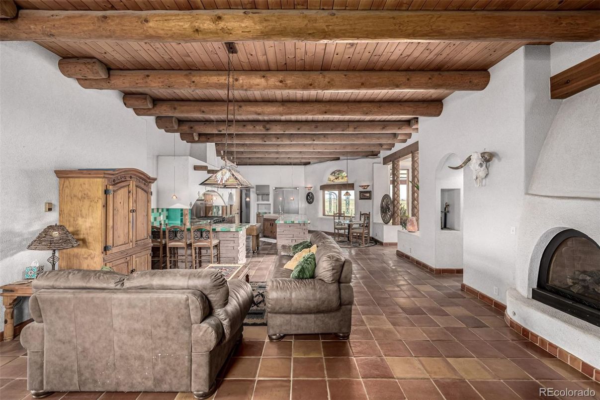 Dining room, Fireplace, Interior, Kitchen, Living room, Pendant Lights, Wooden Beams, Wooden Ceilings