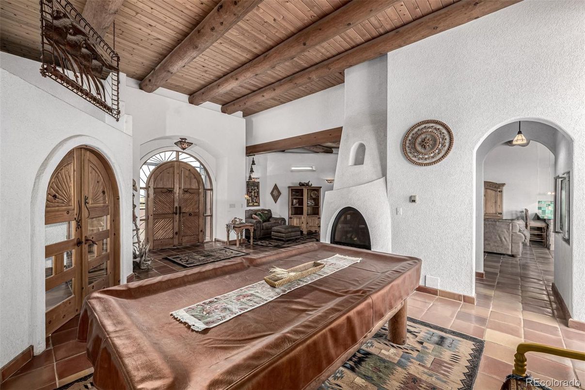 Billiard Table, Fireplace, Game Room, Interior, Pendant Lights, Wooden Beams, Wooden Ceilings