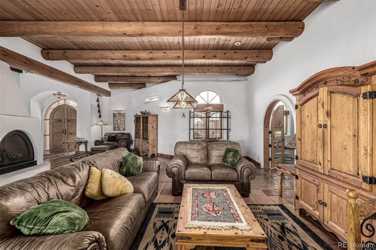 Fireplace, Interior, Living room, Pendant Lights, Wooden Beams, Wooden Ceilings