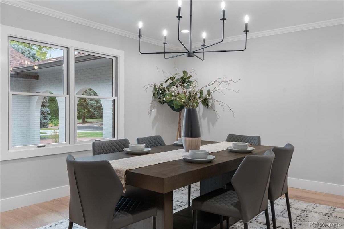 Chandelier, Dining room, Interior, Wood Texture Flooring