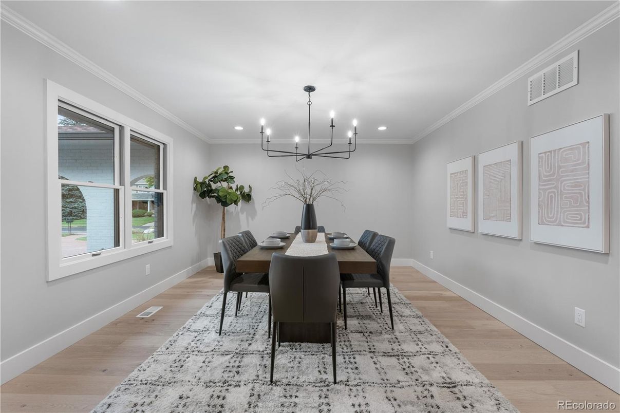 Dining room, Interior, Pendant Lights, Recessed Lighting, Wood Texture Flooring