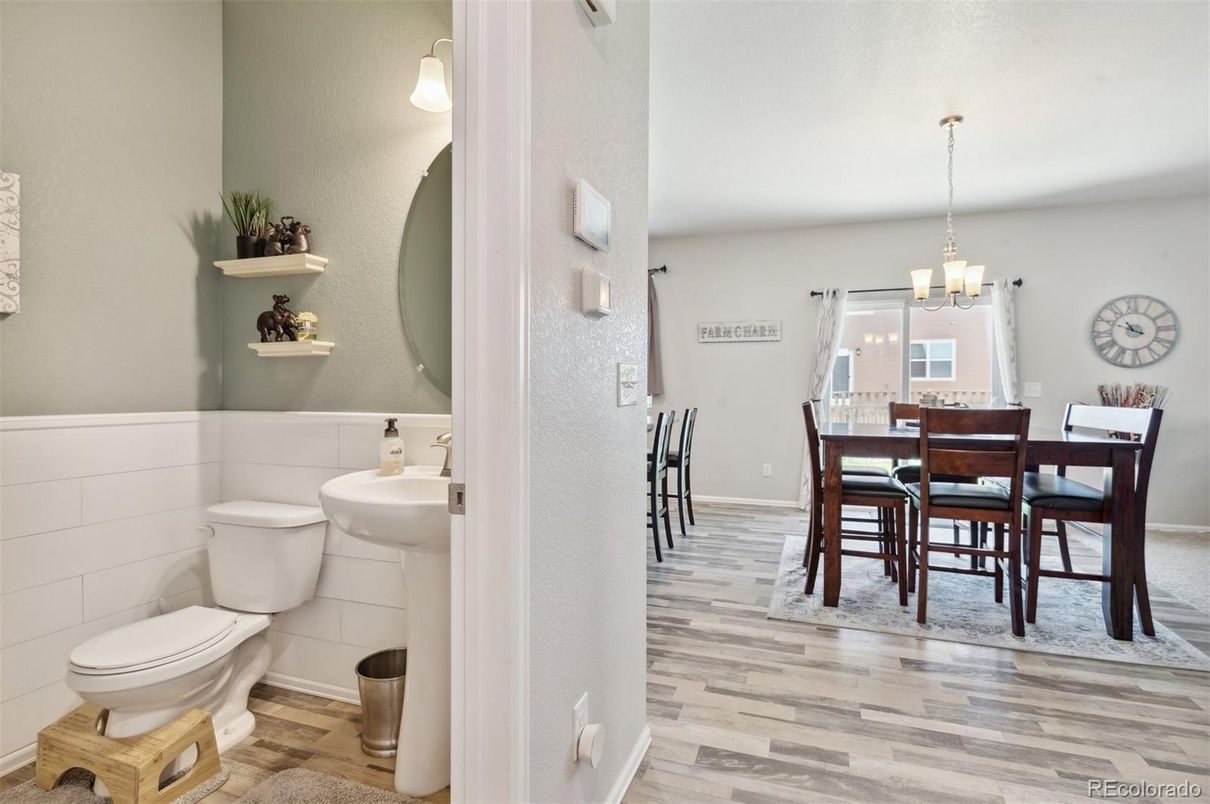Bathroom, Chandelier, Dining room, Interior, Pendant Lights, Wood Texture Flooring