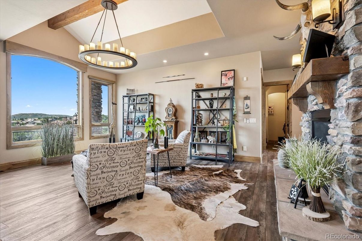Chandelier, Fireplace, Interior, Recessed Lighting, Wooden Beams, Wood Texture Flooring
