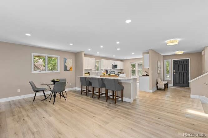 Dining room, Interior, Kitchen, Recessed Lighting, Wood Texture Flooring