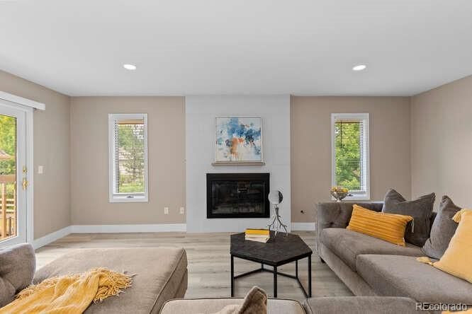 Fireplace, Interior, Living room, Recessed Lighting, Wood Texture Flooring