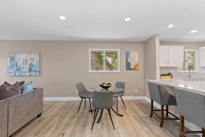 Dining room, Interior, Kitchen, Recessed Lighting, Wood Texture Flooring