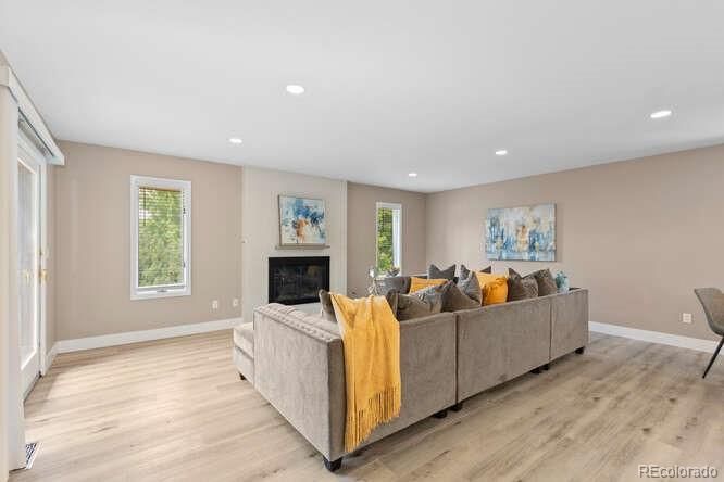 Fireplace, Interior, Living room, Recessed Lighting, Wood Texture Flooring