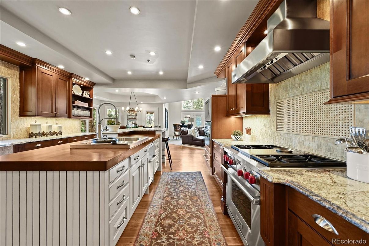 Chandelier, Interior, Kitchen, Recessed Lighting, Stainless Steel Appliances, Wood Texture Flooring