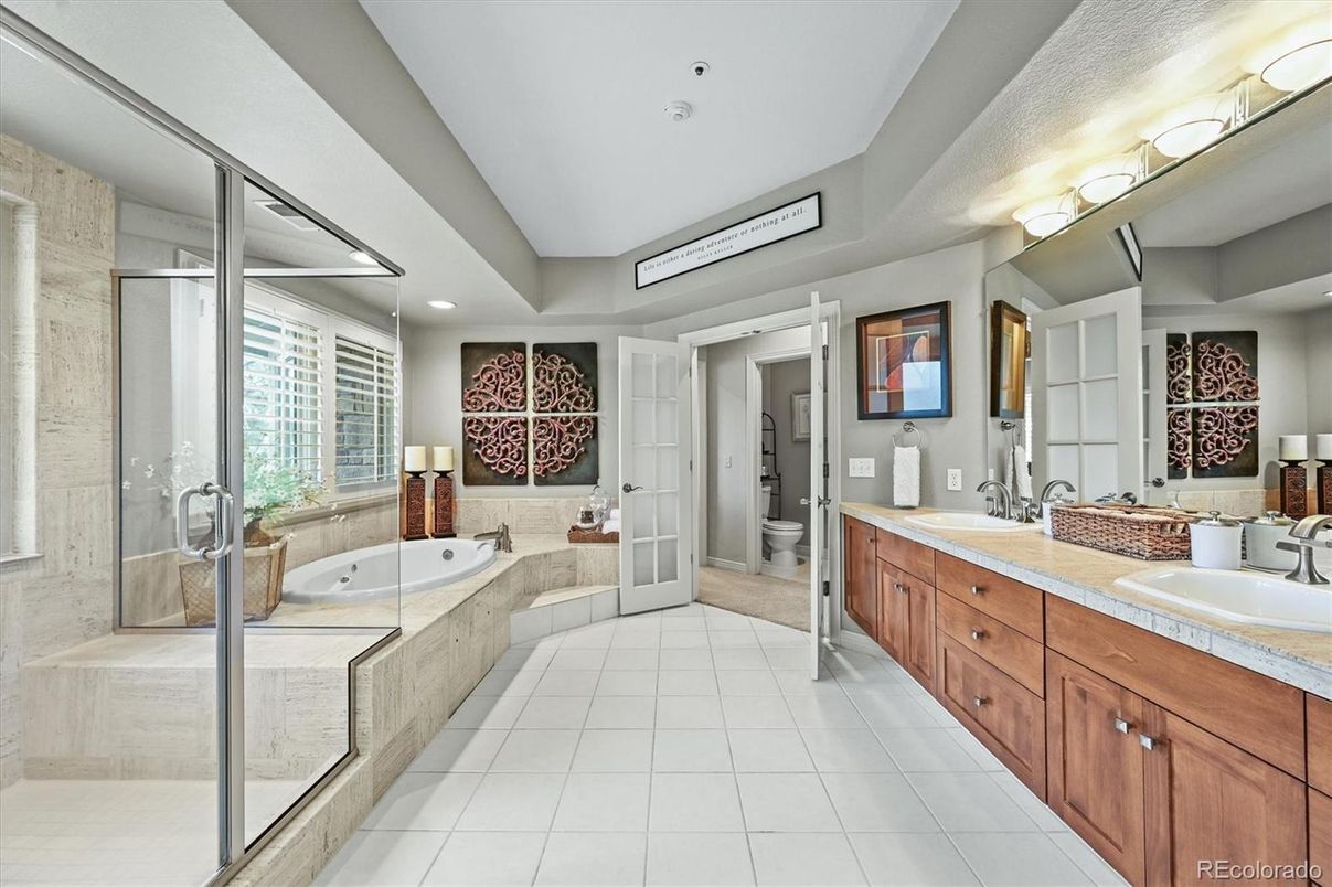 Bathroom, Dual Sink Vanities, Glass Shower, Interior, Recessed Lighting, Tile Countertops