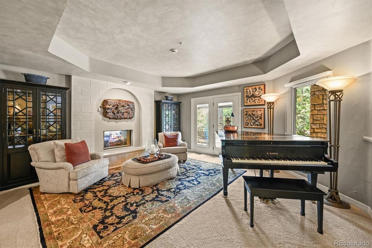 Fireplace, Interior, Living room, Piano, Recessed Lighting, Stone Walls