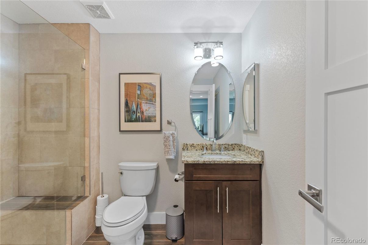 Bathroom, Glass Shower, Interior, Wood Texture Flooring