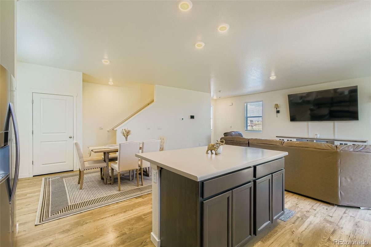 Dining room, Interior, Recessed Lighting, Wood Texture Flooring