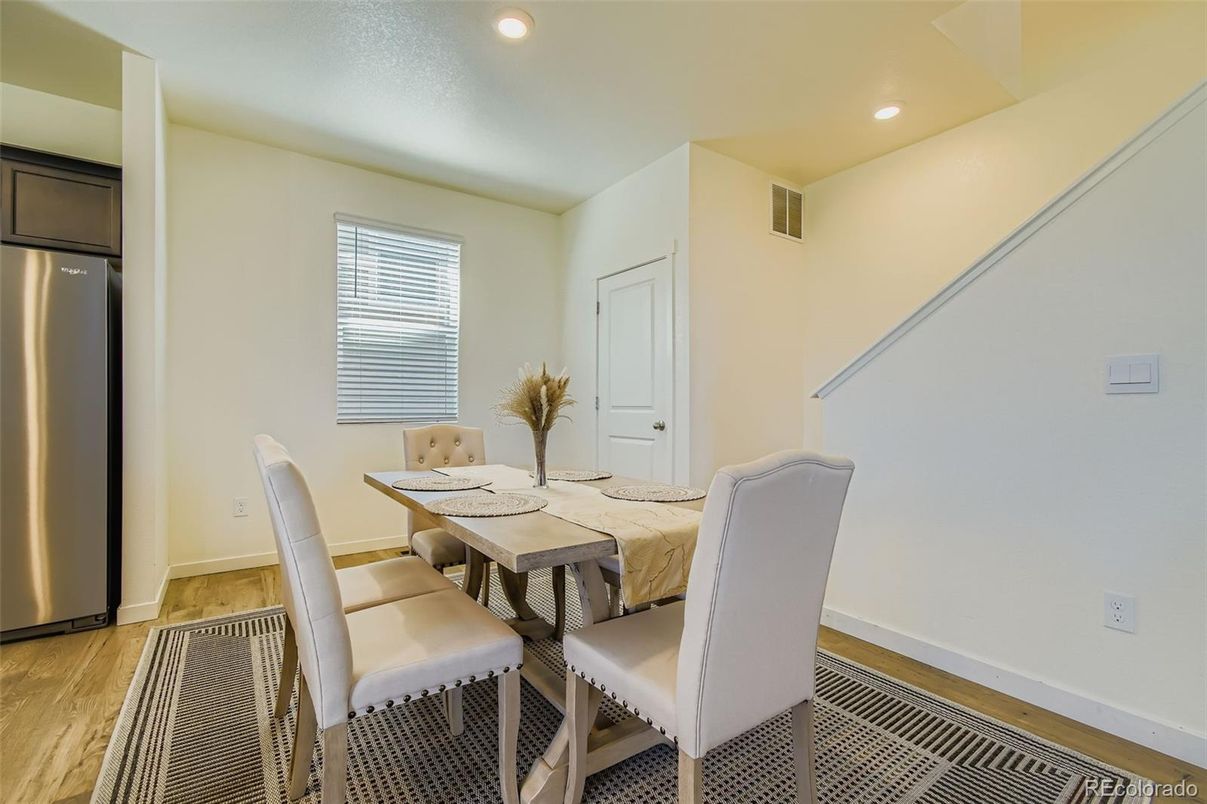 Dining room, Interior, Recessed Lighting, Stainless Steel Appliances, Wood Texture Flooring