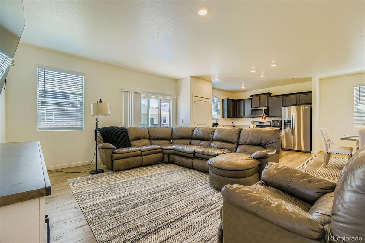 Interior, Kitchen, Living room, Recessed Lighting, Stainless Steel Appliances, Wood Texture Flooring