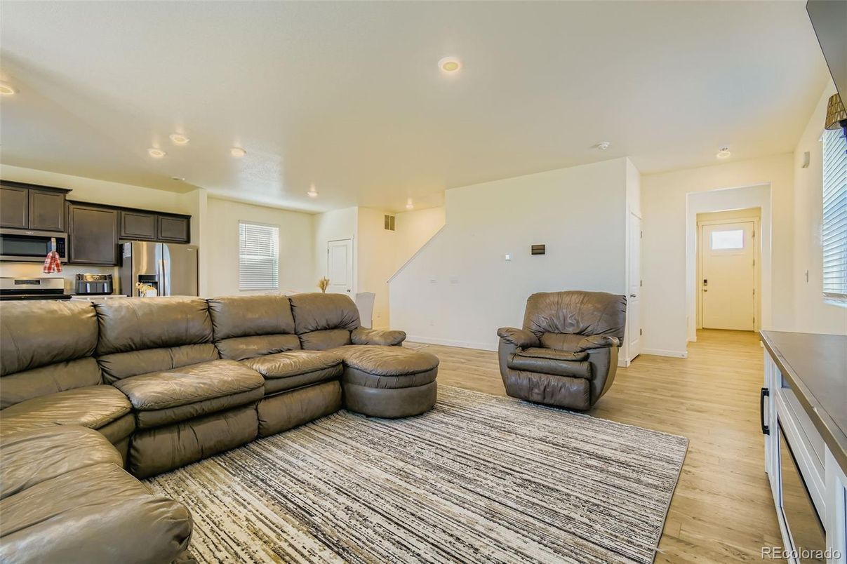 Interior, Kitchen, Living room, Recessed Lighting, Stainless Steel Appliances, Wood Texture Flooring