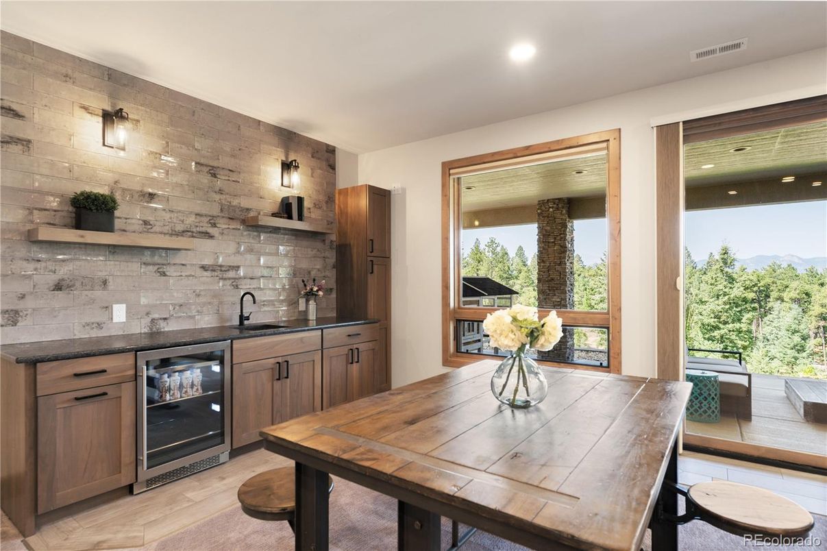 Dining room, Interior, Kitchen, Recessed Lighting, Stone Walls, Wood Texture Flooring