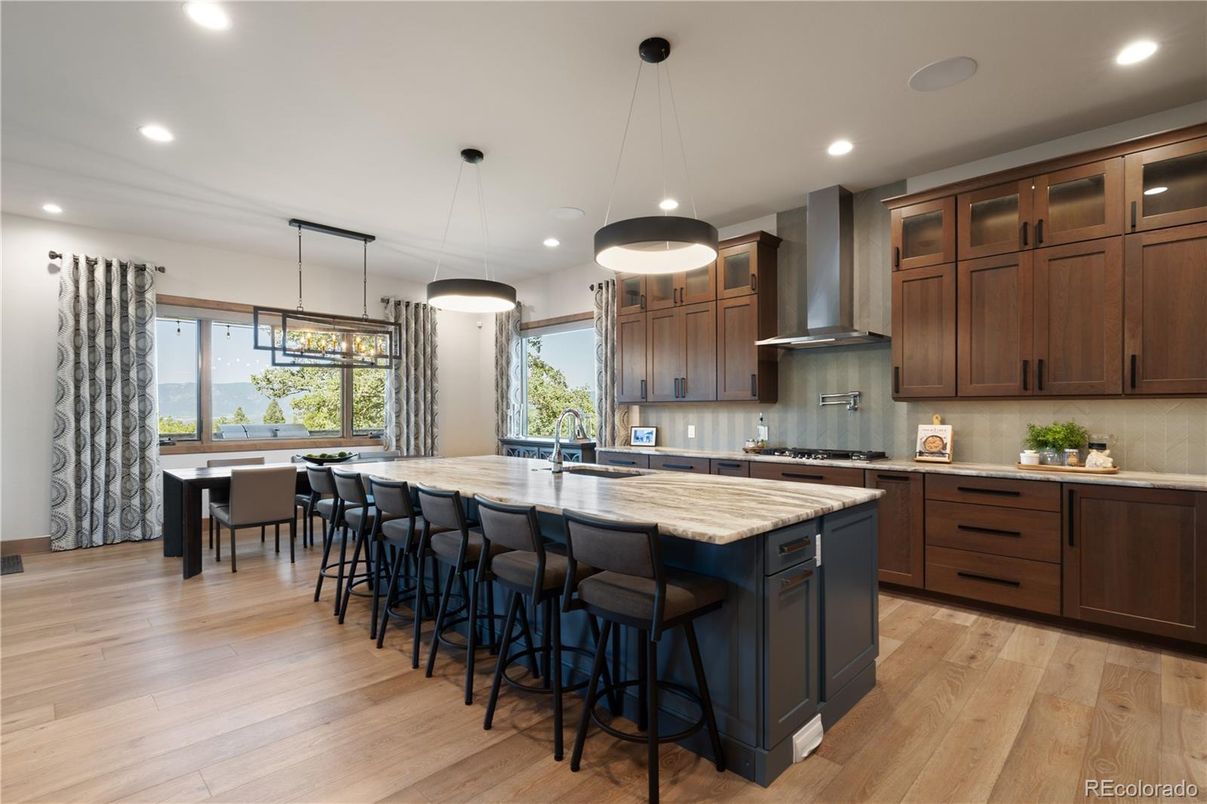 Dining room, Interior, Kitchen, Pendant Lights, Recessed Lighting, Wood Texture Flooring