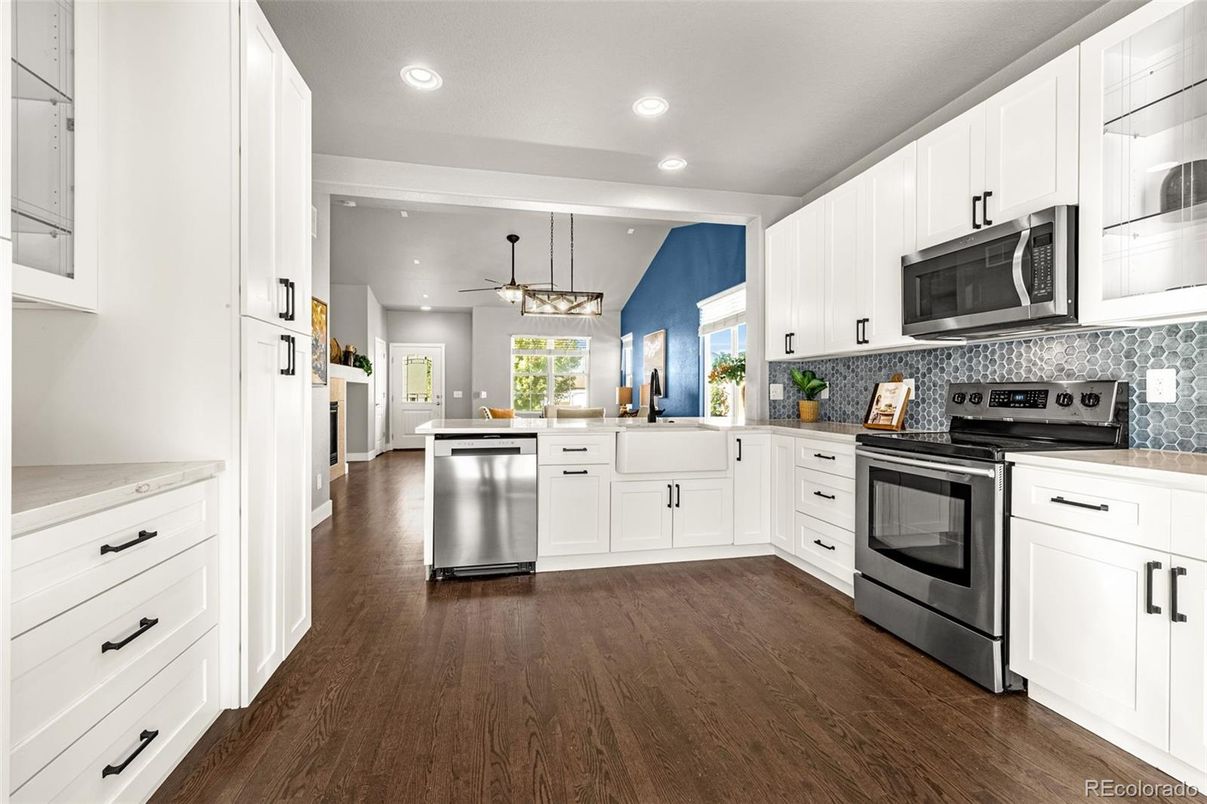 Interior, Kitchen, Pendant Lights, Recessed Lighting, Stainless Steel Appliances, Wood Texture Flooring