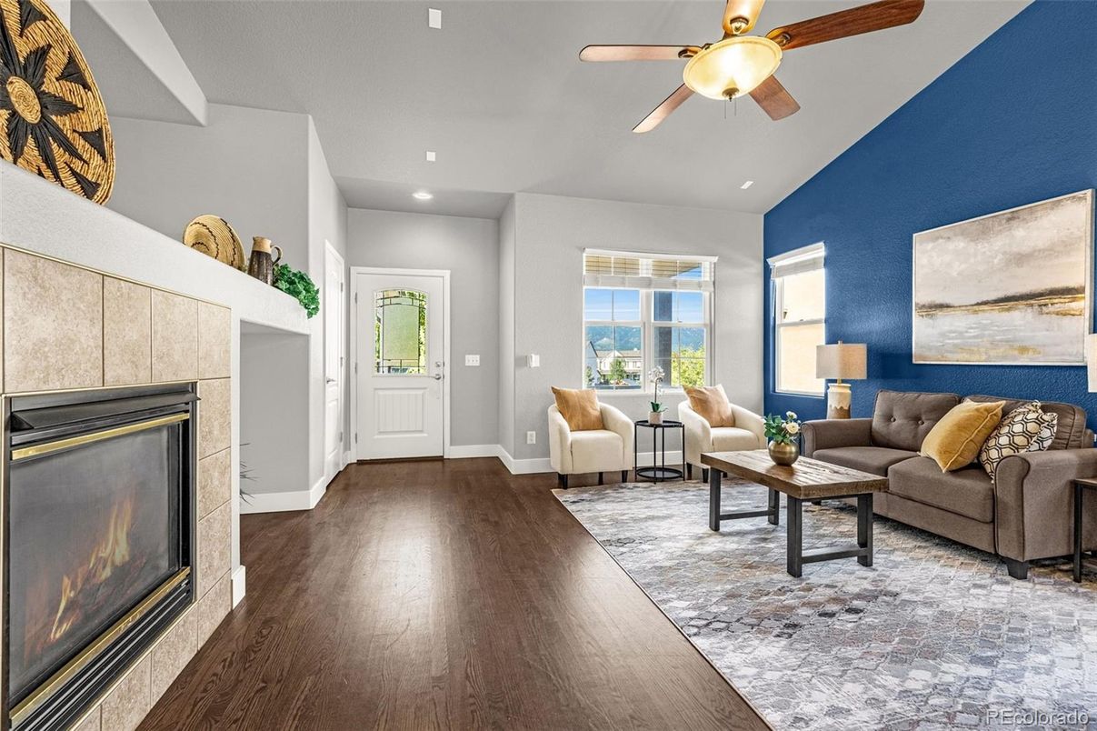 Fireplace, Interior, Living room, Recessed Lighting, Wood Texture Flooring