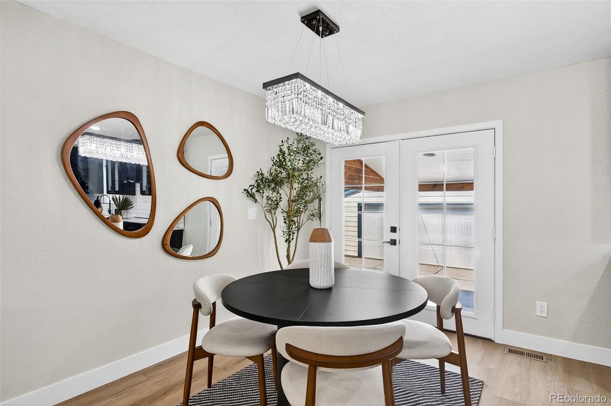 Chandelier, Dining room, Interior, Wood Texture Flooring