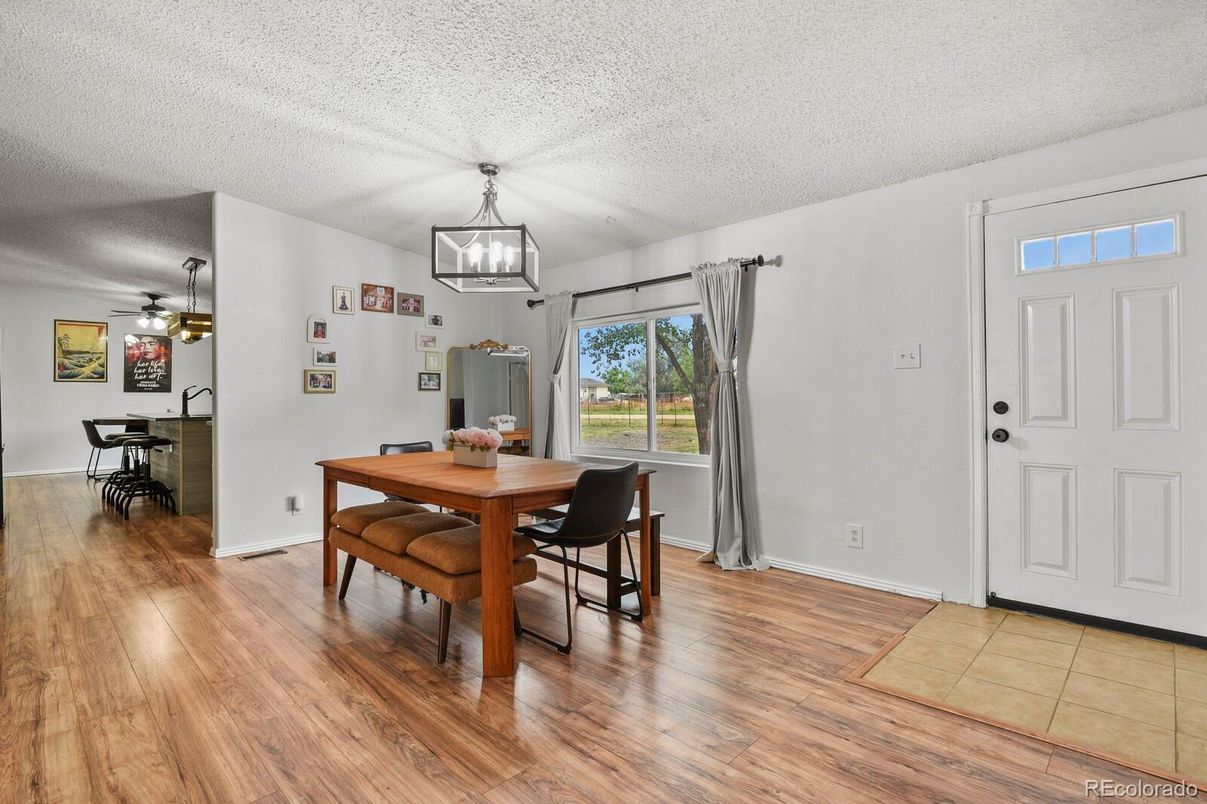 Dining room, Interior, Pendant Lights, Wood Texture Flooring