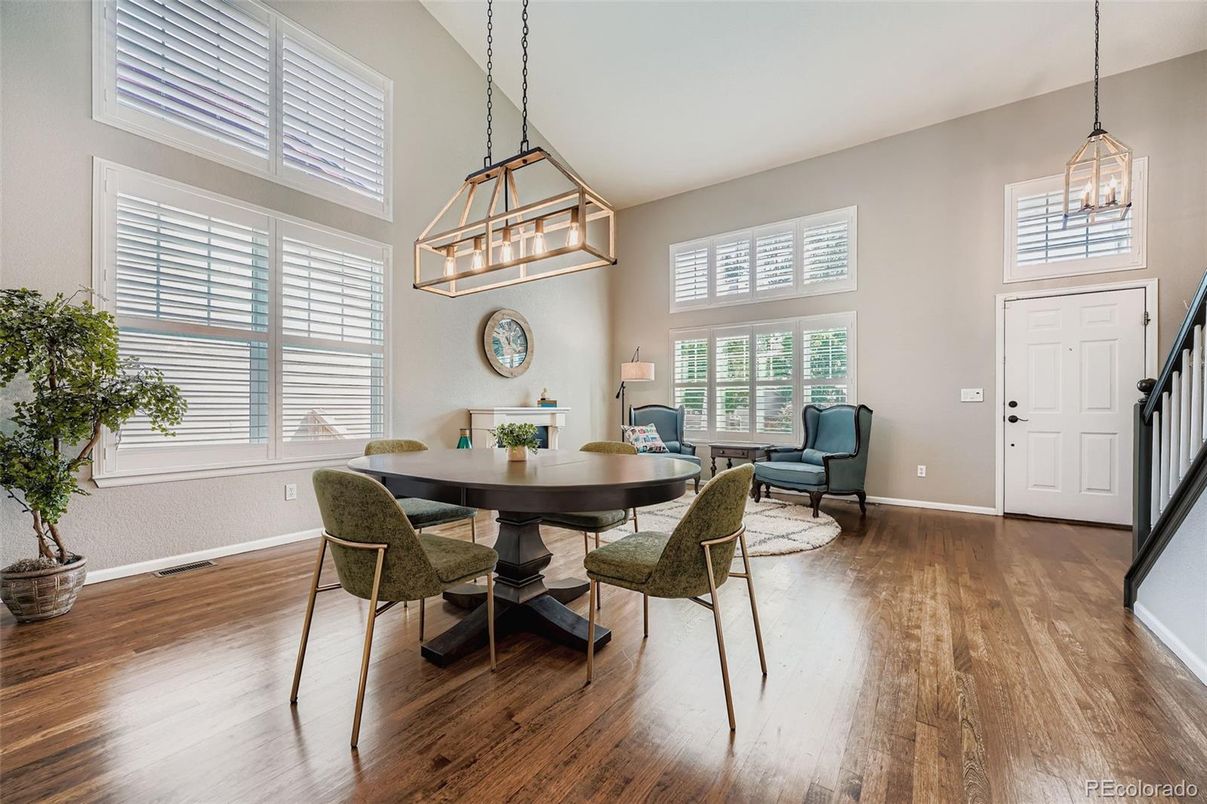 Dining room, Interior, Pendant Lights, Wood Texture Flooring