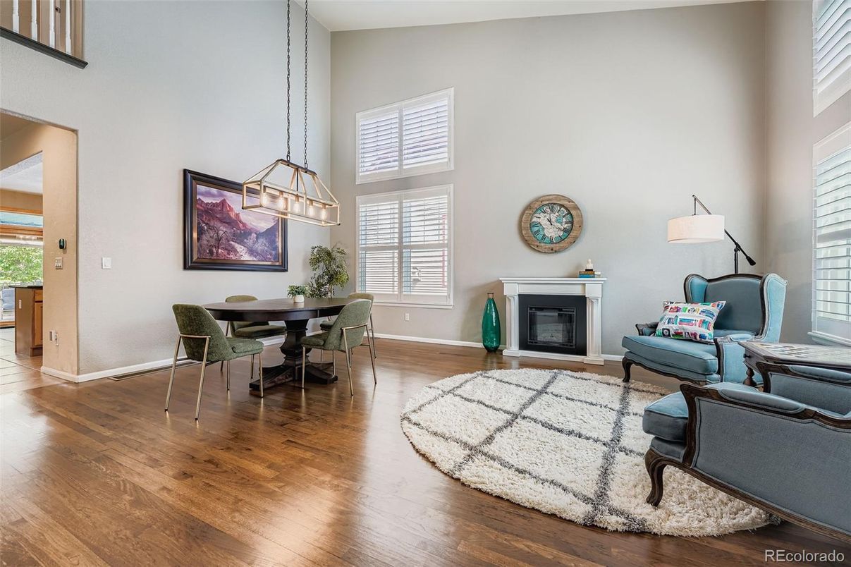 Dining room, Fireplace, Interior, Living room, Pendant Lights, Wood Texture Flooring