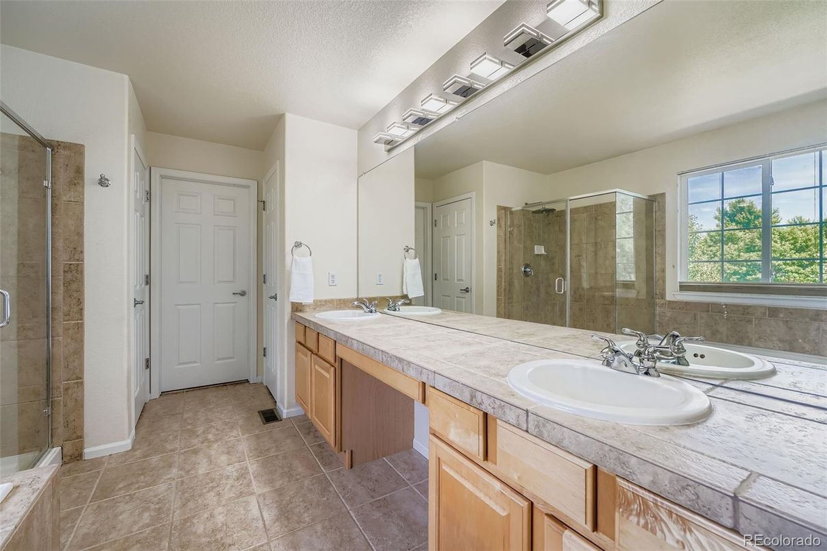 Bathroom, Dual Sink Vanities, Glass Shower, Interior, Tile Countertops