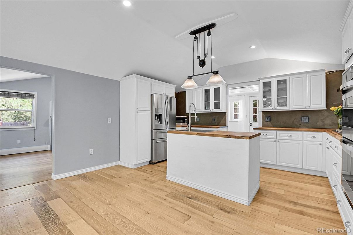 Interior, Kitchen, Pendant Lights, Recessed Lighting, Stainless Steel Appliances, Wood Texture Flooring